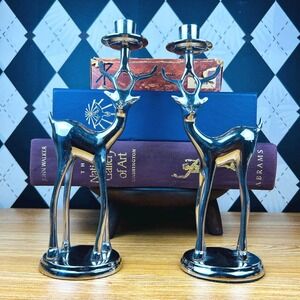 Vintage Chrome Deer Candle Holder Silver-toned Set MCM Décor Bombay‎